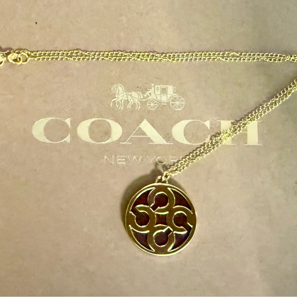 Coach Large Signature C Wood Inlay Pendant 18k/.925 Necklace - Picture 5 of 9